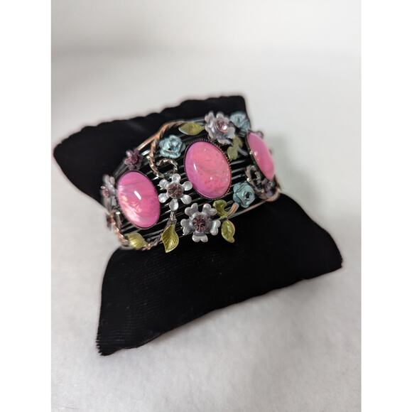 Cuff bracelet S/M pink cabochons Ename,l rhinestones see photos for measurements - Picture 6 of 13